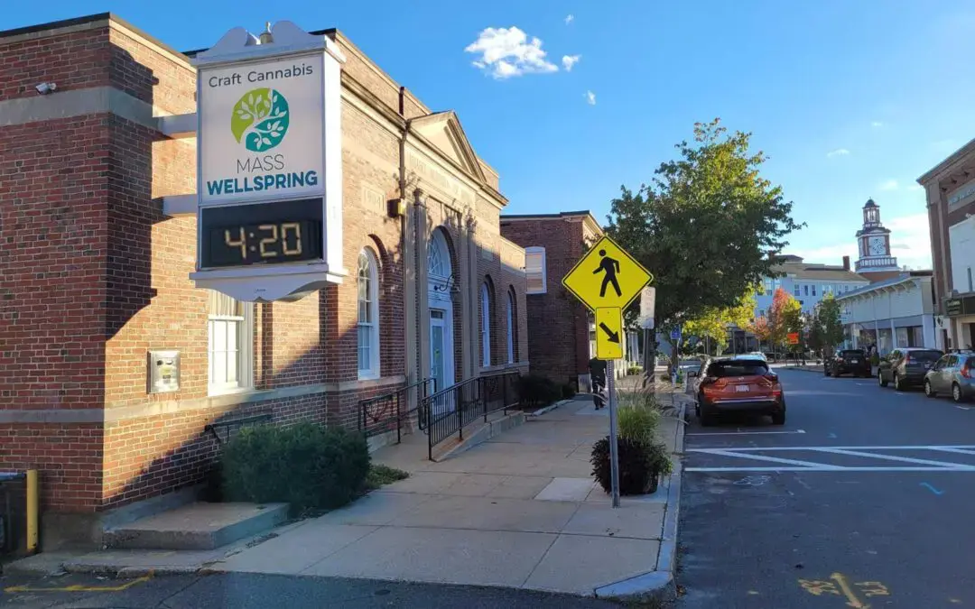 Modern cannabis dispensary interior with sleek glass display cases and contemporary design
